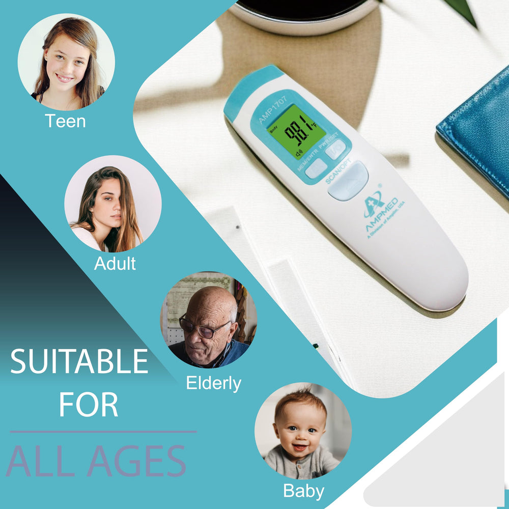 Amplim AmpMed temperature reading display shows fast, 1-second results.