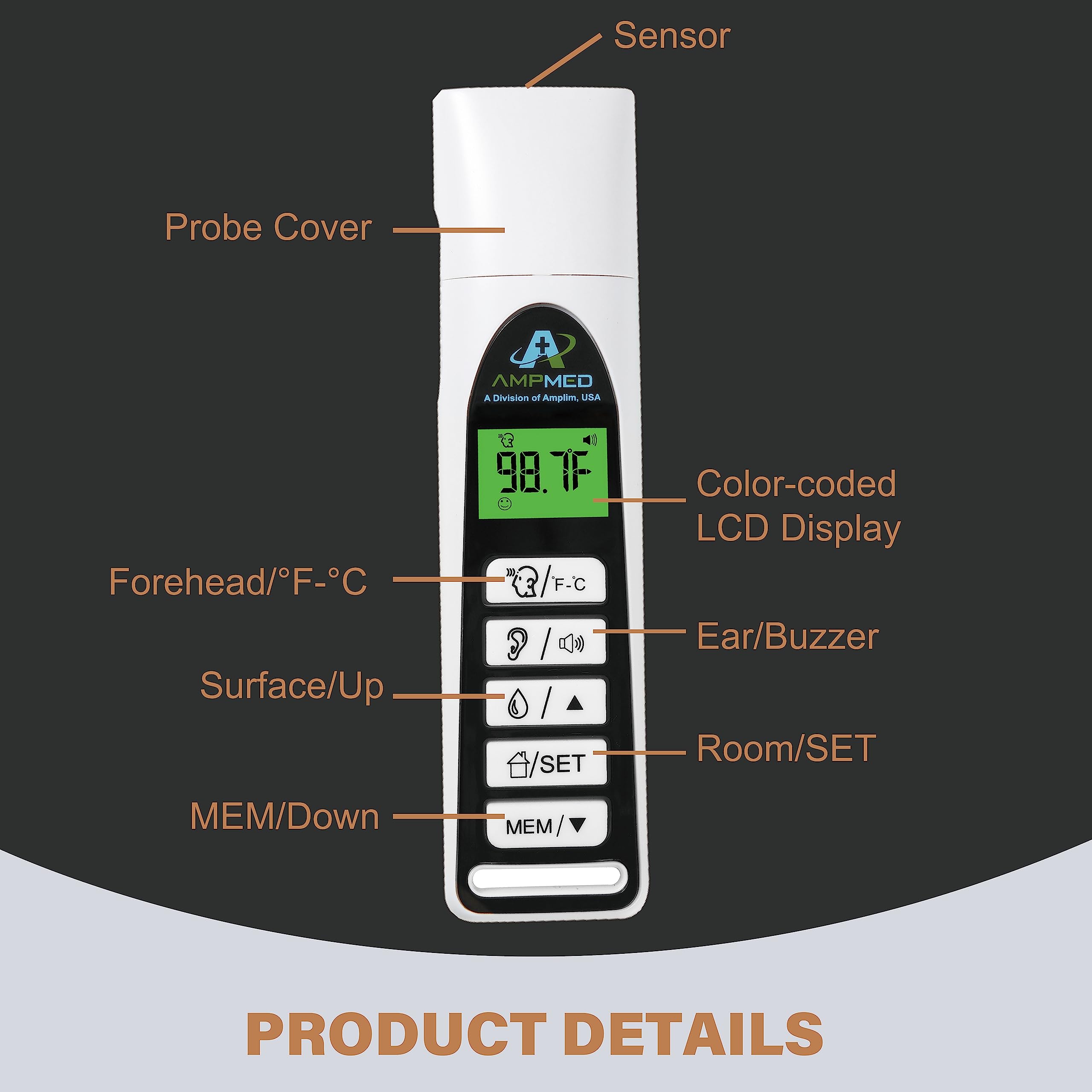 Amplim color LCD display clearly differentiates normal vs fever readings.