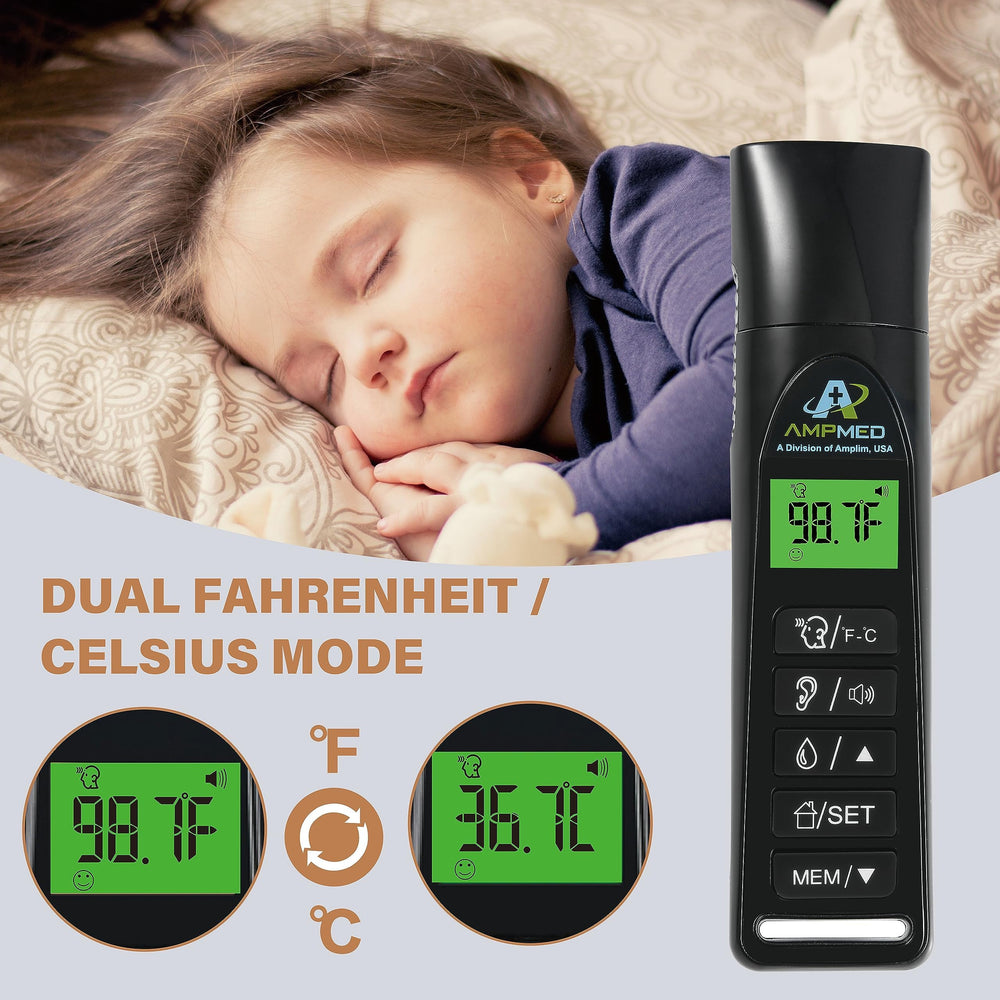 Amplim Baby Thermometer display with color indicators for fever alerts.