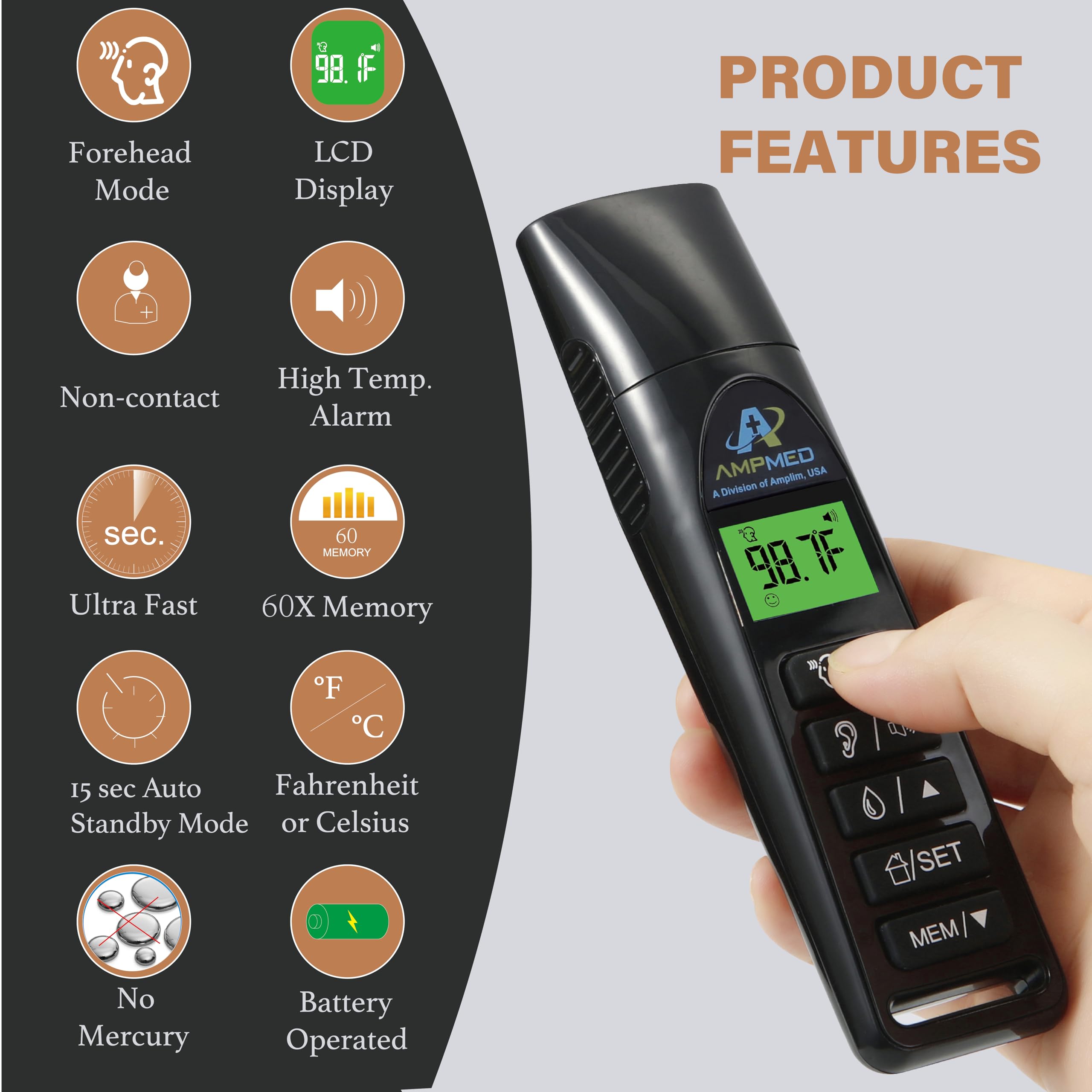 Amplim Baby Thermometer forehead measurement mode for fast non-contact checks.