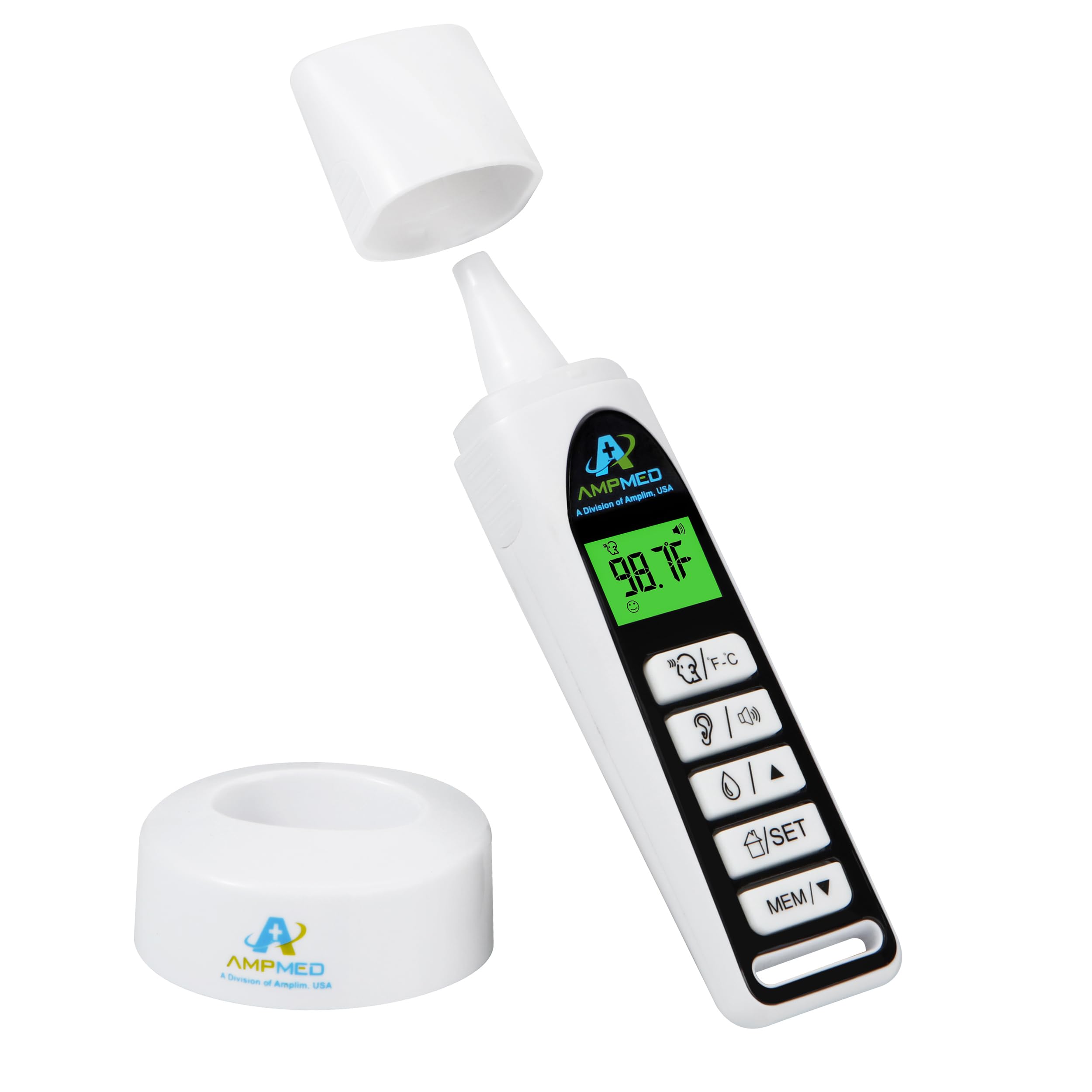 Amplim Baby Thermometer forehead reading enables quick fever checks.