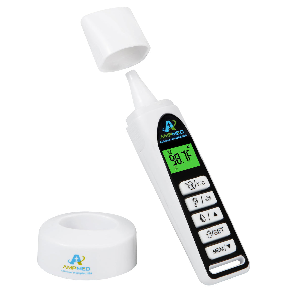 Amplim Baby Thermometer forehead reading enables quick fever checks.