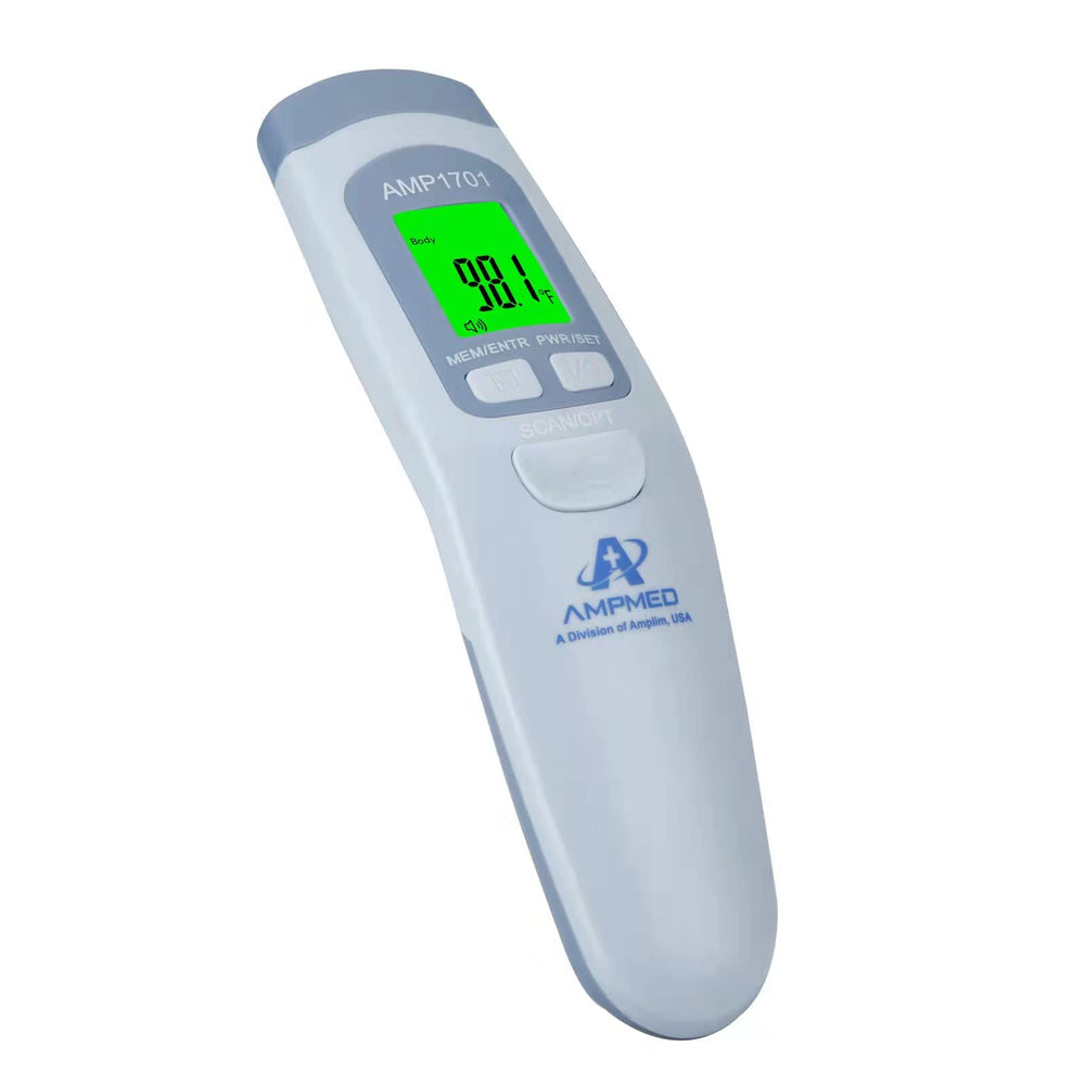 Amplim forehead thermometer display provides instant readings for quick fever checks.
