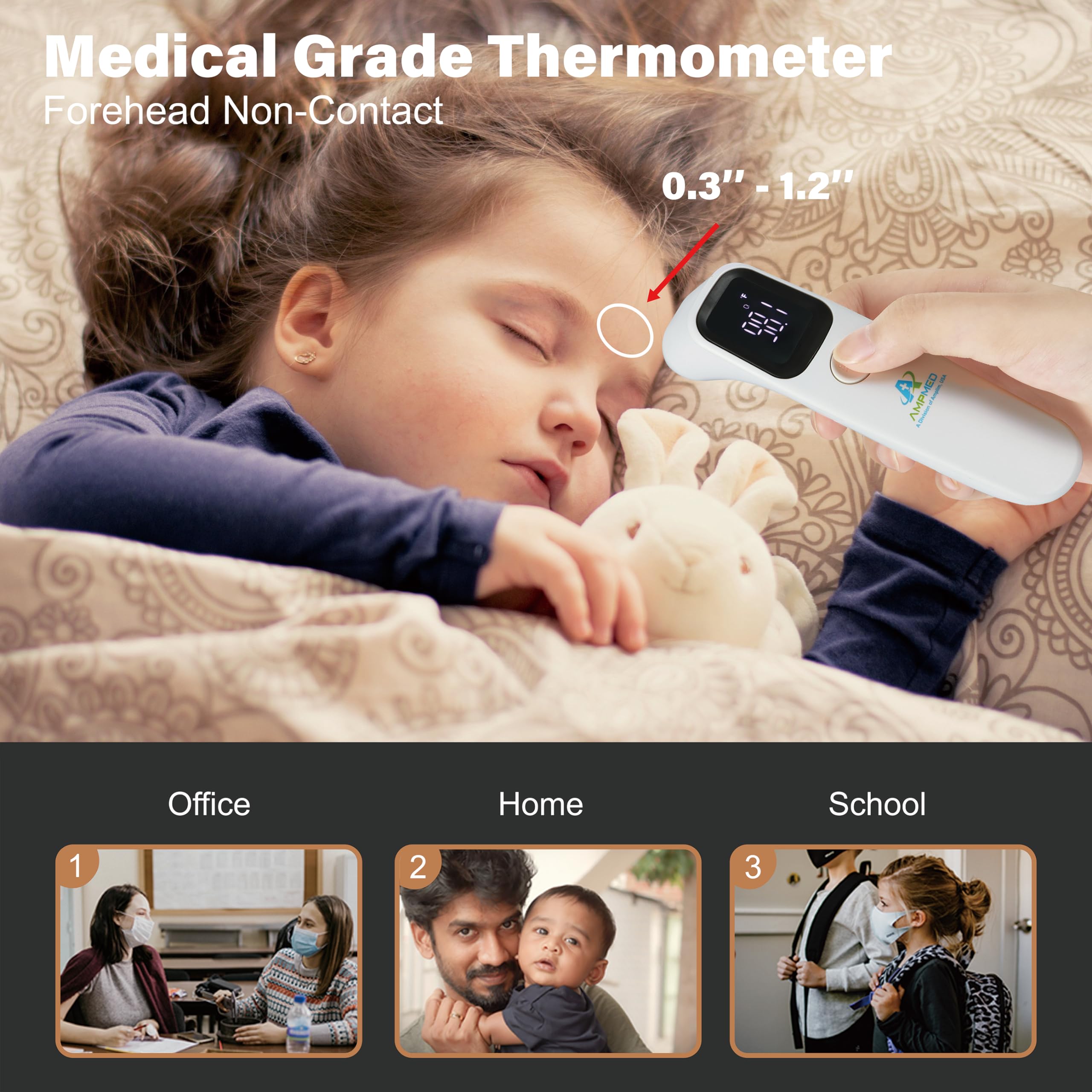 Amplim Forehead Thermometer switches between Fahrenheit and Celsius for global use