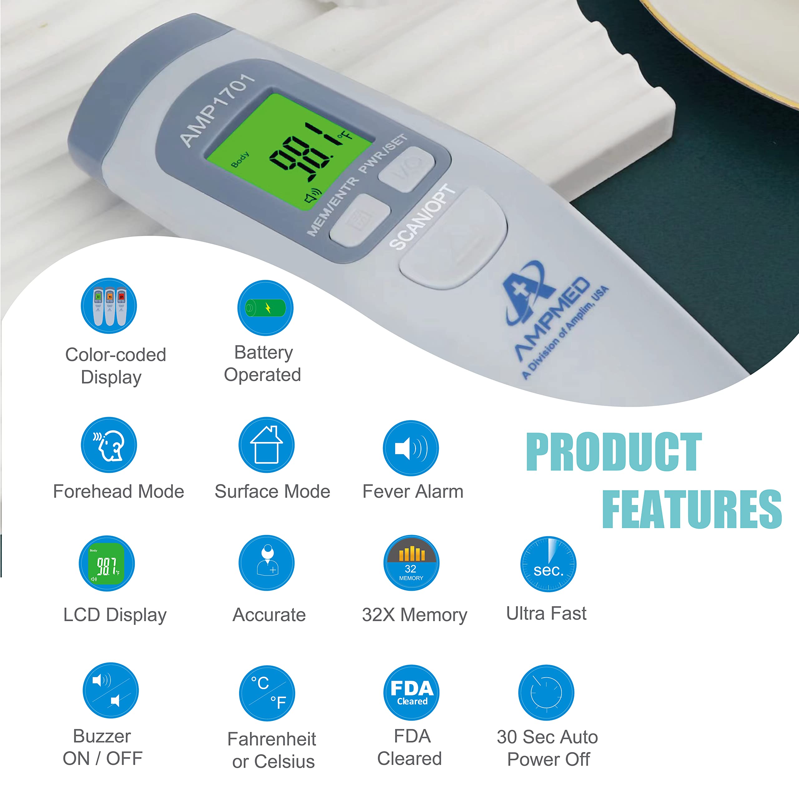 Amplim forehead thermometer kids use delivers pediatric-friendly rapid readings for families.