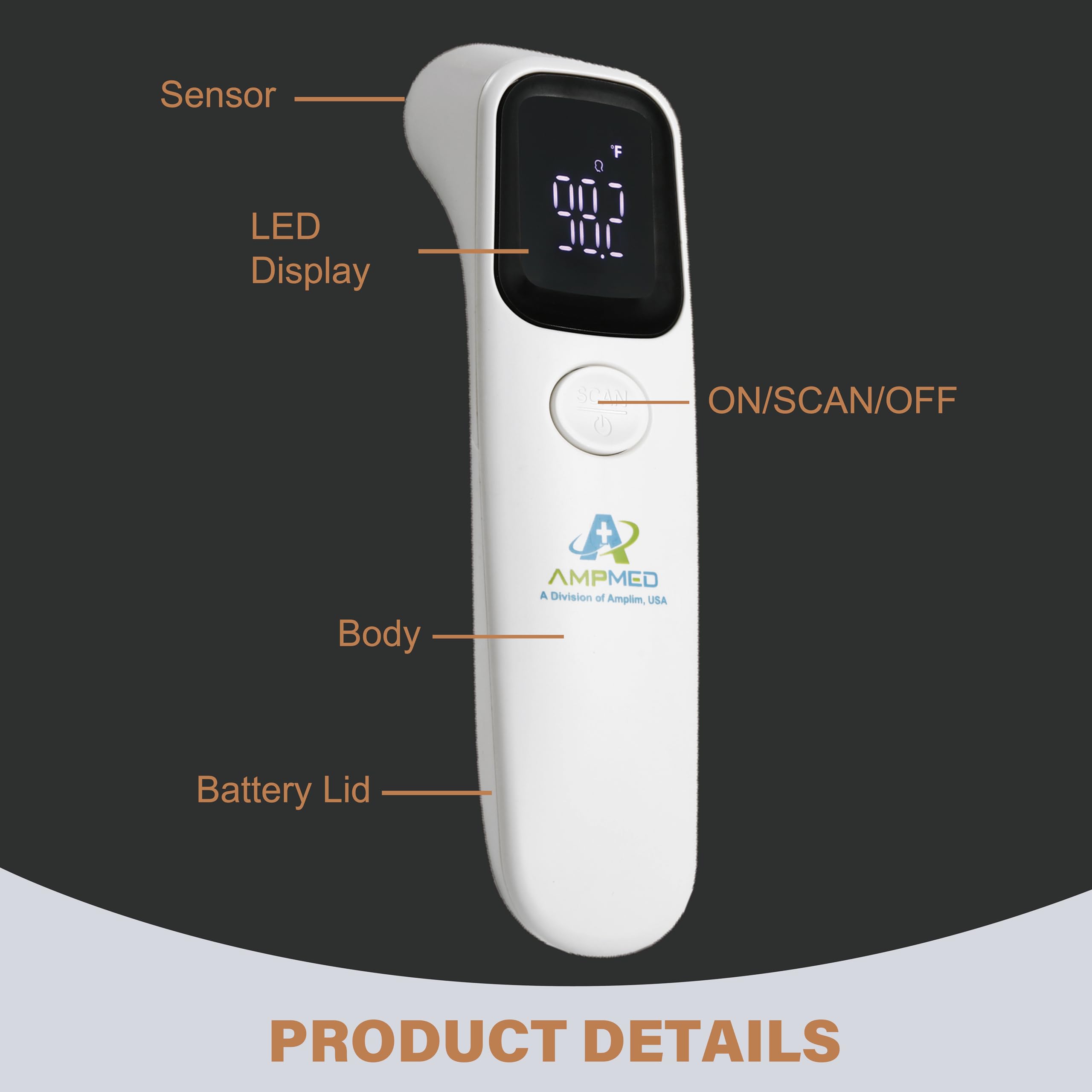 Amplim Forehead Thermometer LED display shows large digits in any lighting