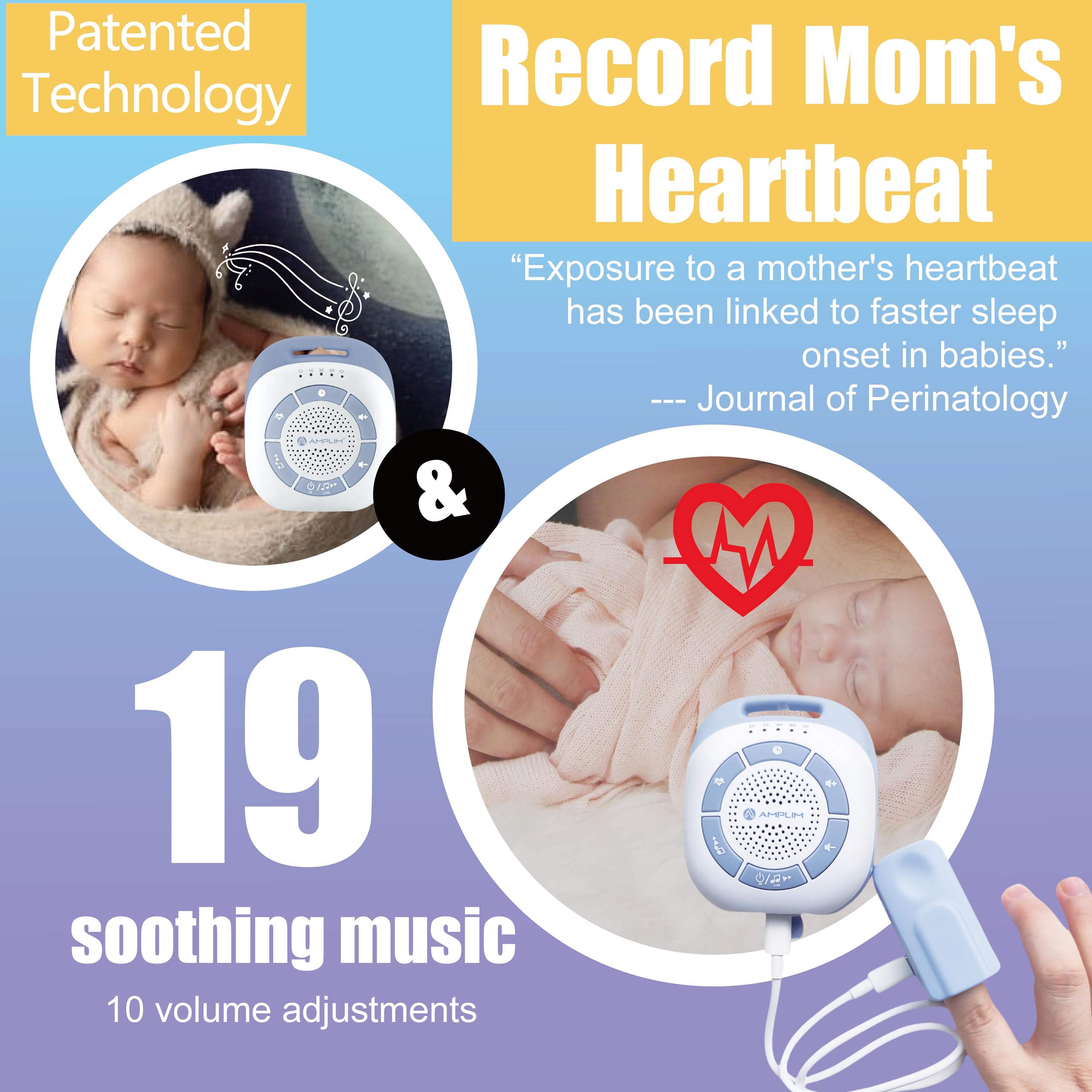 Amplim heartbeat recording feature demonstrated for calming baby
