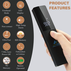 Amplim no-touch thermometer closeup shows infrared sensor and silent operation for kids
