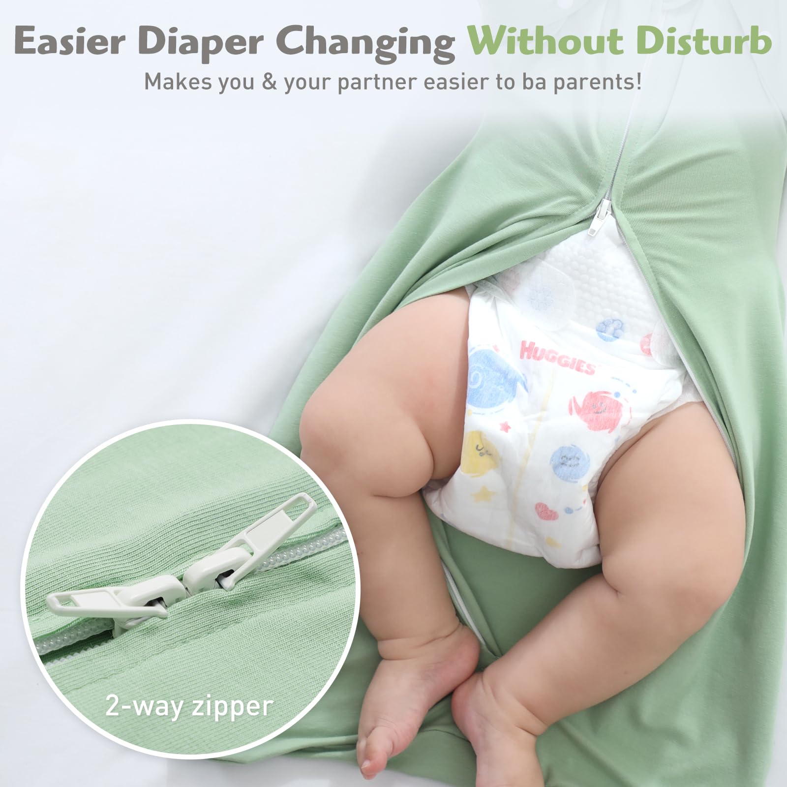 Amrcbb 2-way zipper enables quick, quiet diaper changes.