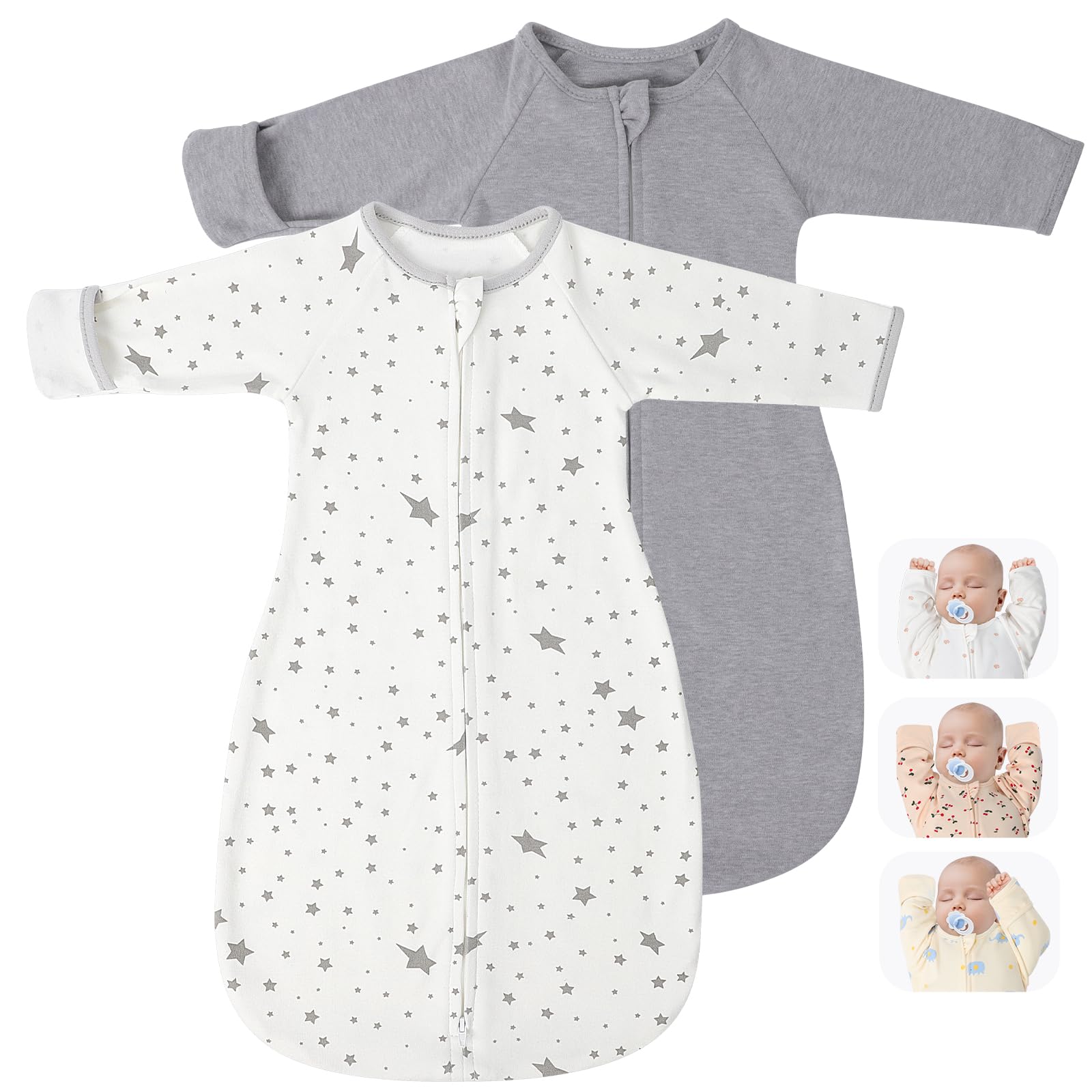Amrcbb transitional swaddle arm-up sleeves shows secure newborn sleep