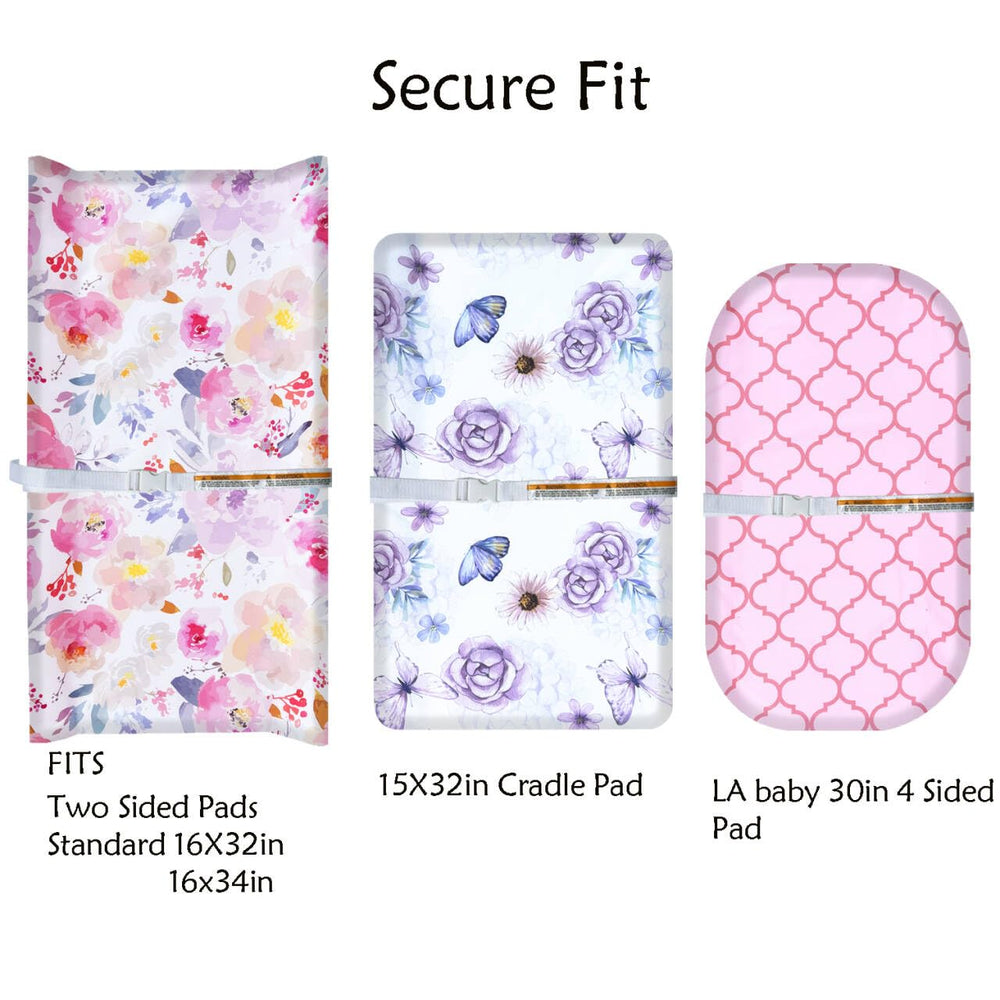 AMROSE changing pad with encased elastic band demonstrates snug fit on pads.