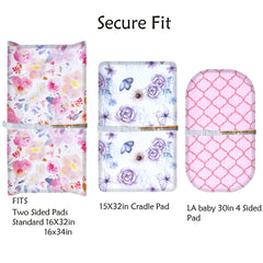 AMROSE changing pad with encased elastic band demonstrates snug fit on pads.