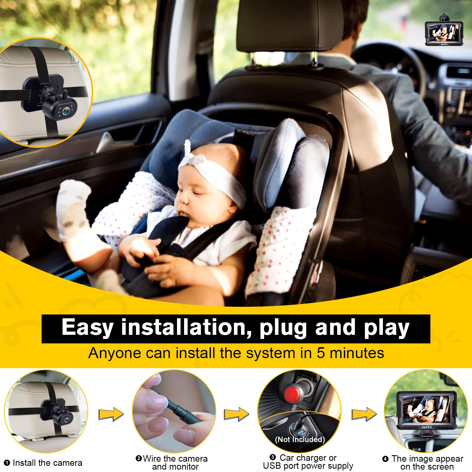 AMTIFO 360-degree backseat camera rotation for full rear visibility.
