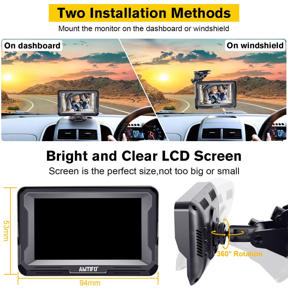 AMTIFO baby monitor with suction cup mount for dashboard or windshield.