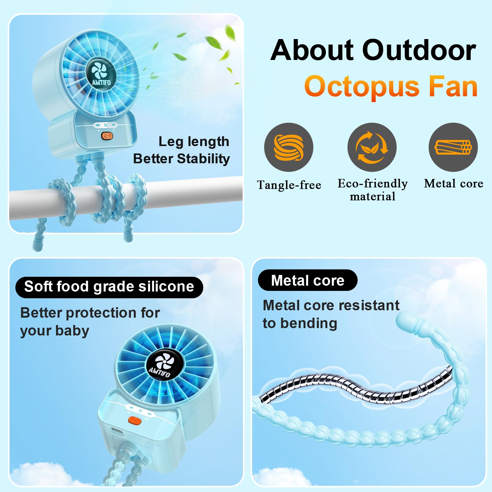 AMTIFO Blue Baby Fan silent operation supports peaceful naps and rides.