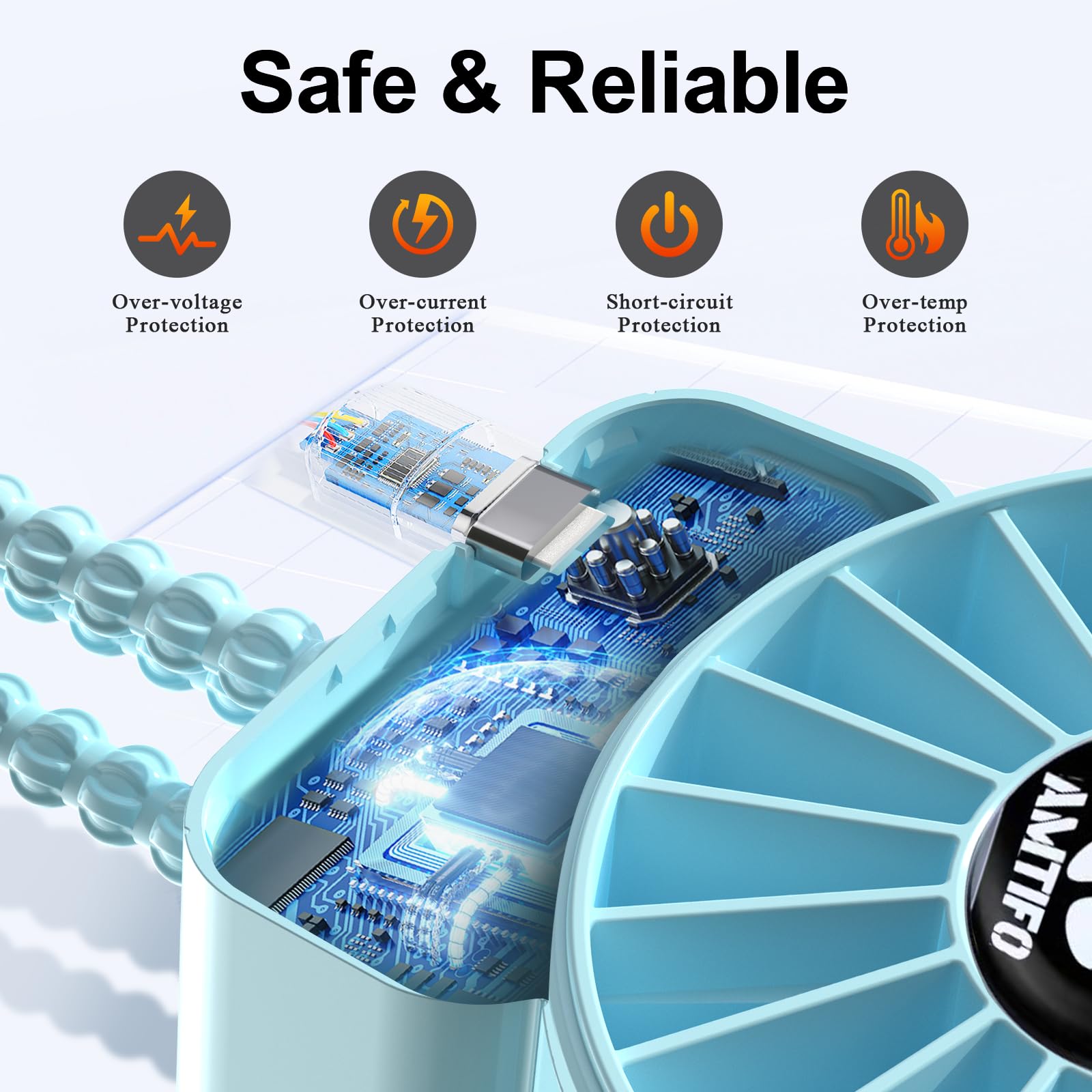 AMTIFO Blue Baby Fan USB-rechargeable power for long outings.