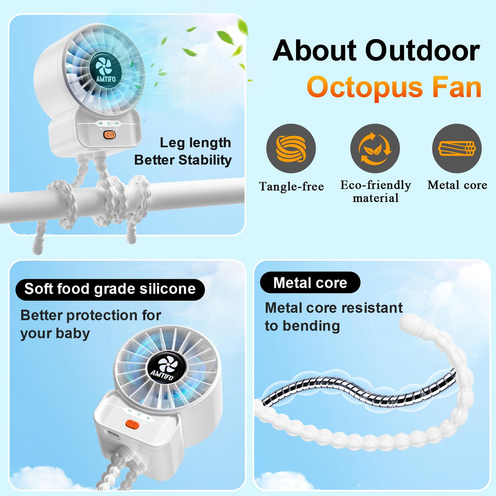 AMTIFO white baby fan compact USB-rechargeable design for travel and quick charging.