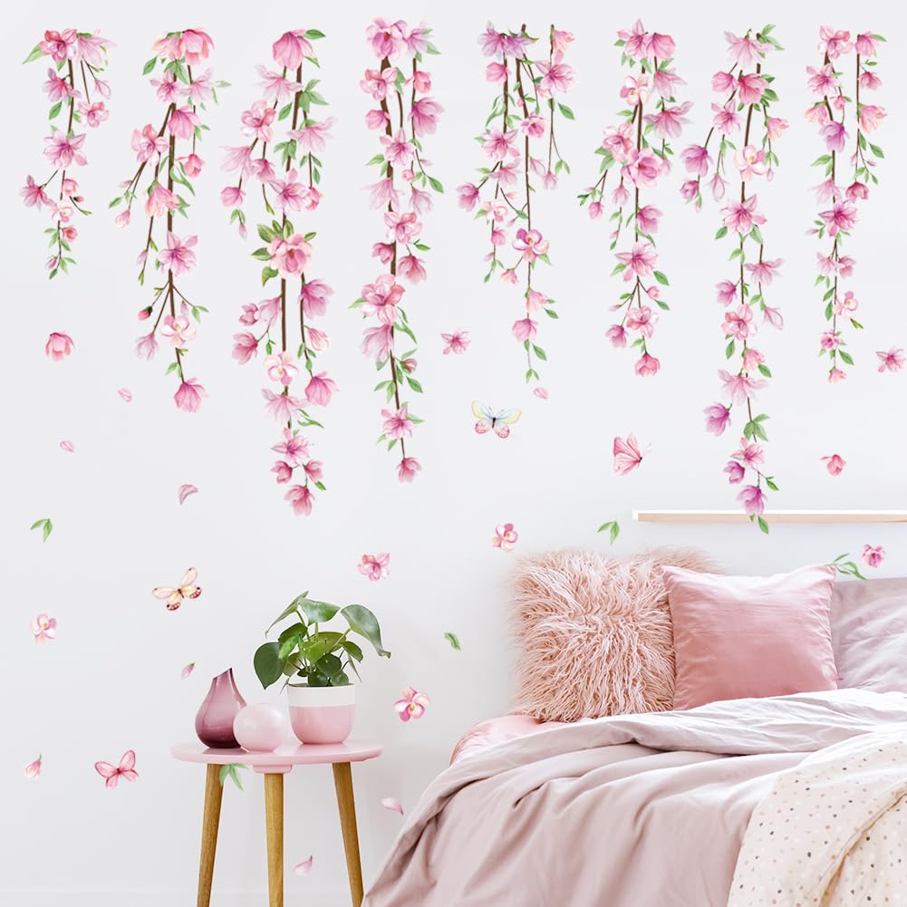 Amtoodopin pink flower vine wall decal on window enhances natural light feel