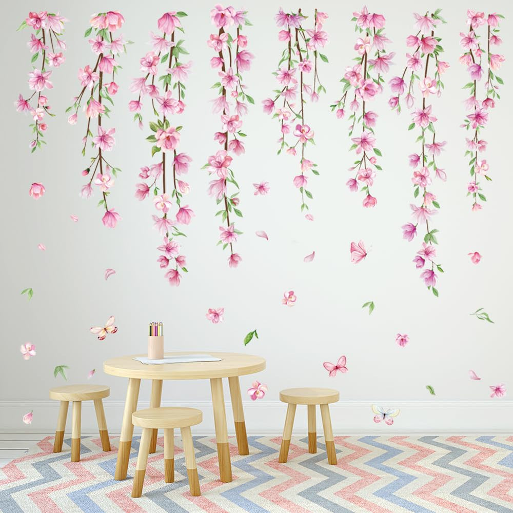 Amtoodopin pink flower vine wall decal in a nursery creates a playful backdrop