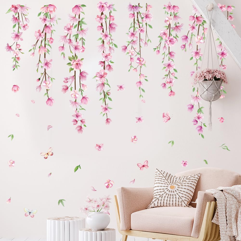 Amtoodopin pink flower vine wall decal on a bedroom mirror brightens the space