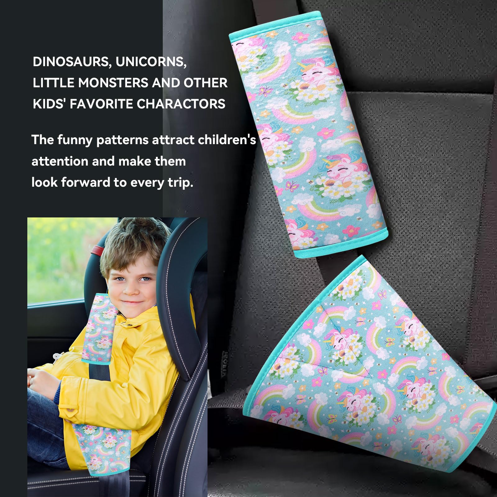 AMUSEPROFI dinosaur and unicorn-patterned cushion adds fun to rides and attracts kids.