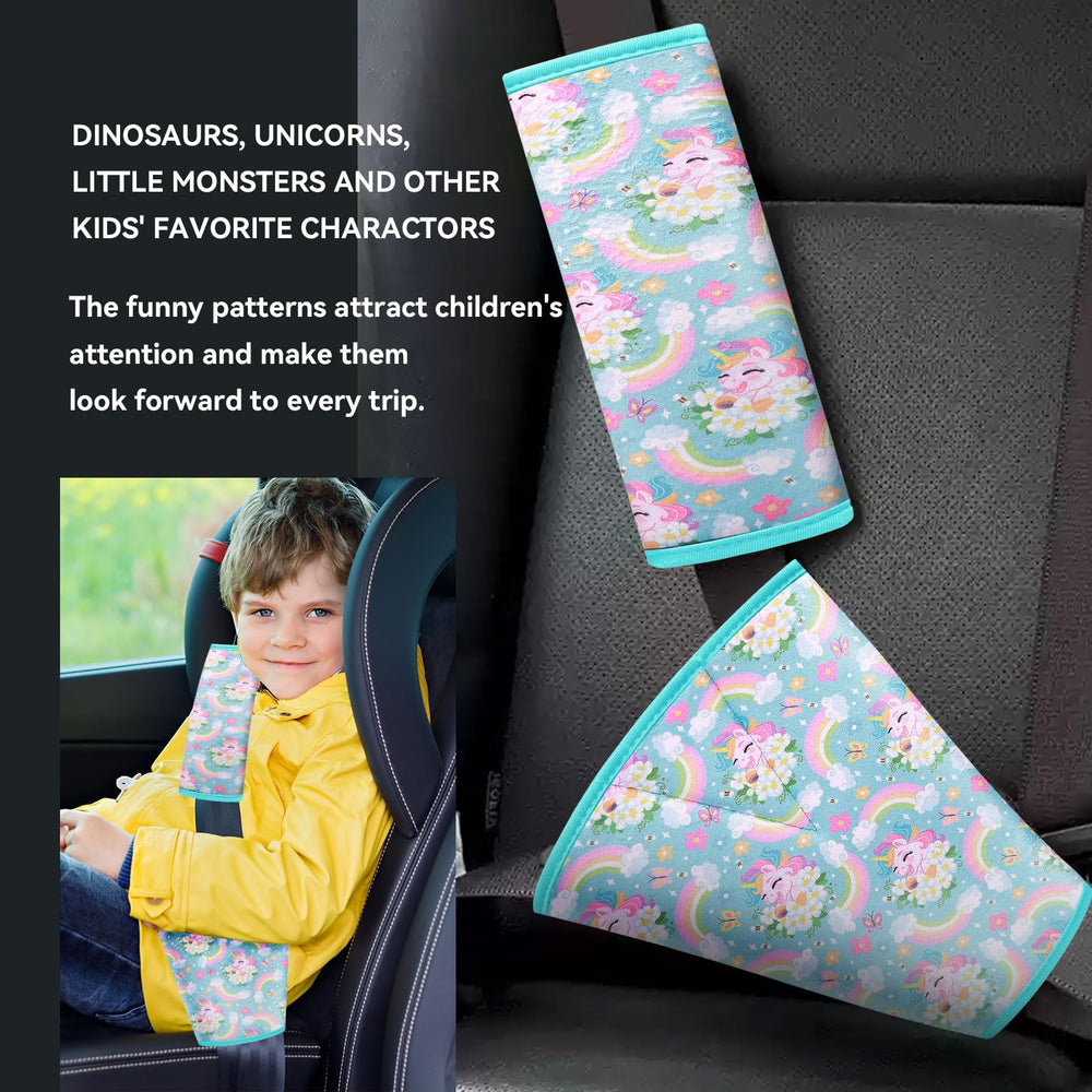AMUSEPROFI dinosaur and unicorn-patterned cushion adds fun to rides and attracts kids.