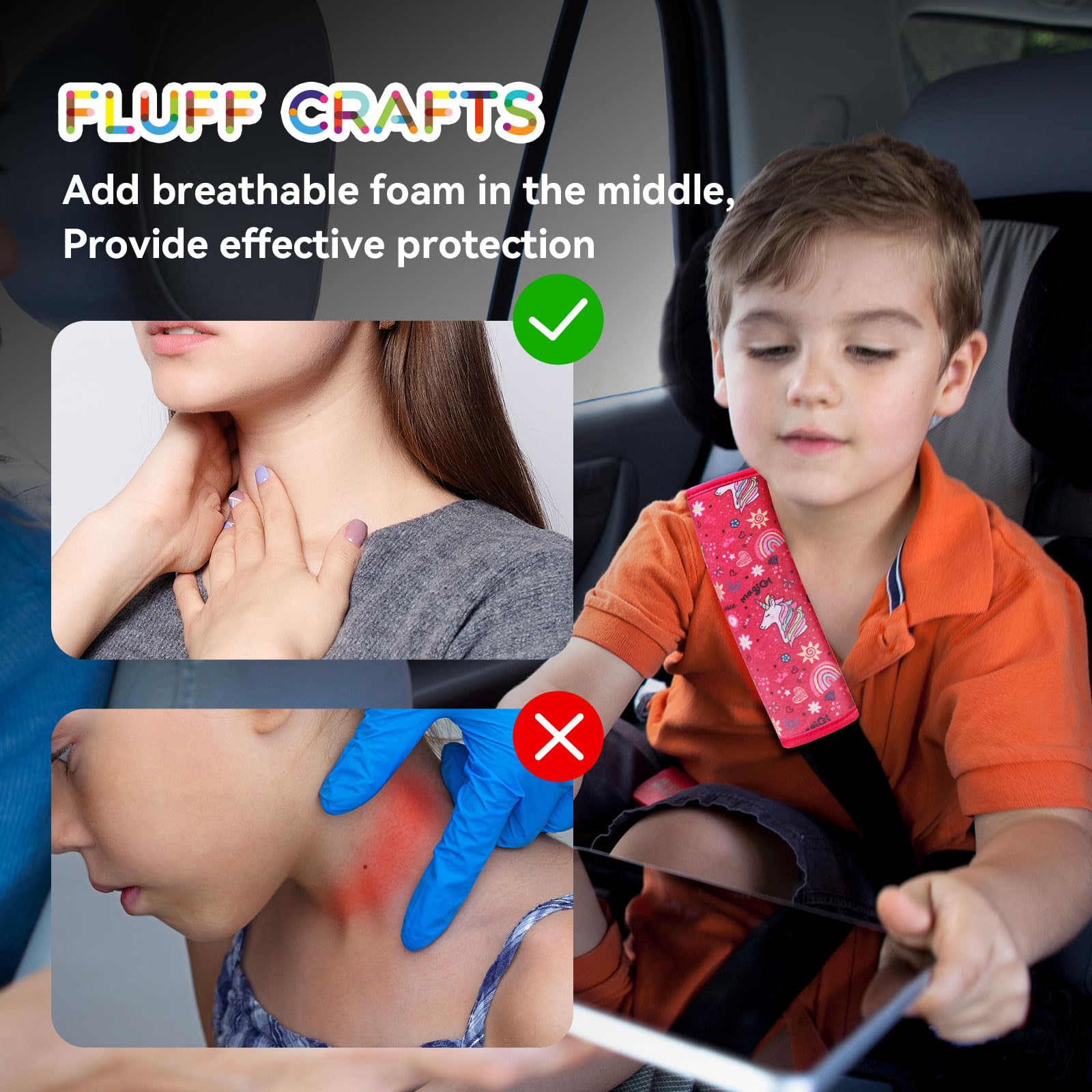 AMUSEPROFI seatbelt cushion for children with breathable foam enhances long-ride comfort
