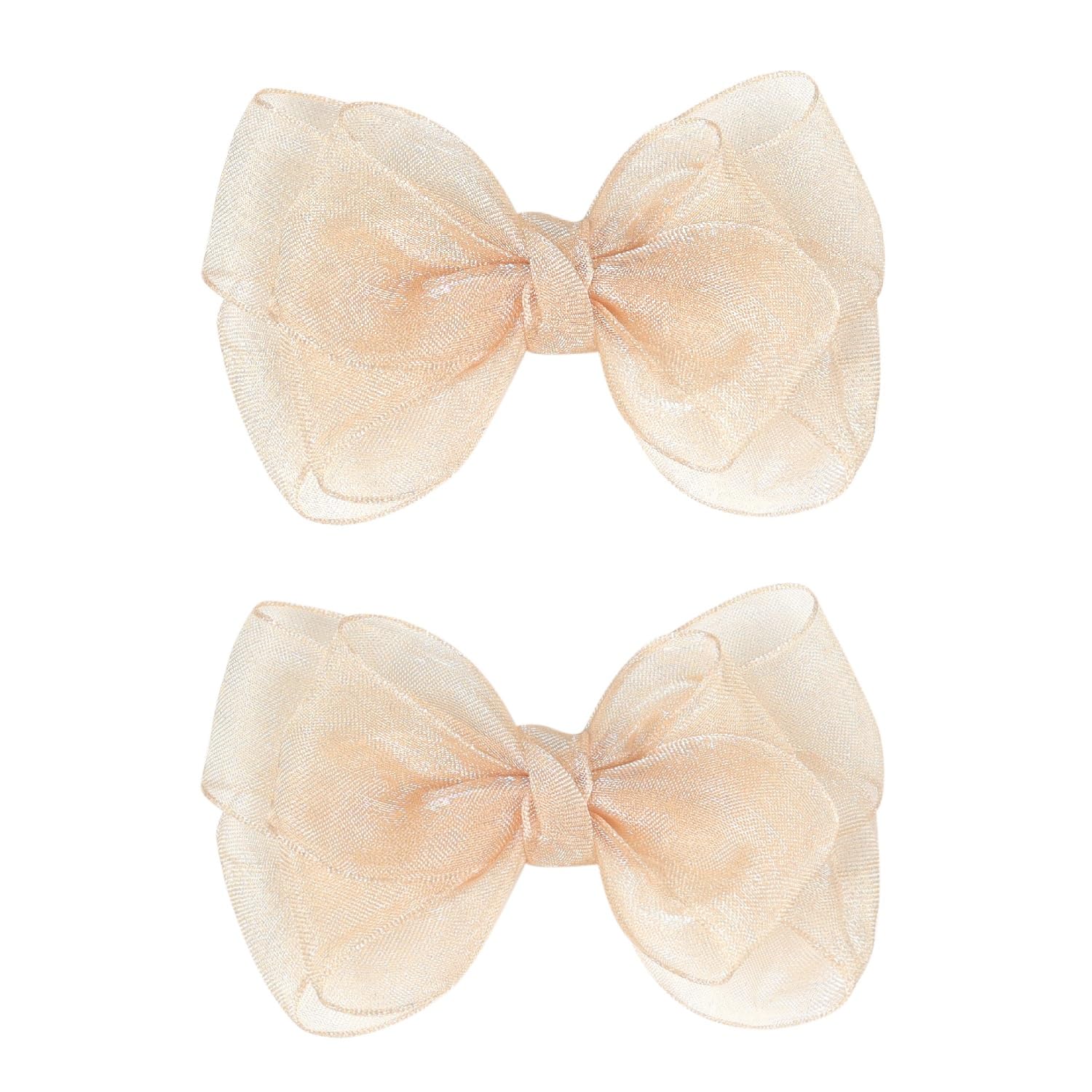 Amybasic 3.5-inch organza bows in champagne gold on hair, lightweight and elegant for daily wear.