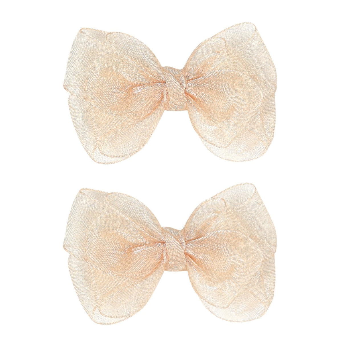 Amybasic 3.5-inch organza bows in champagne gold on hair, lightweight and elegant for daily wear.