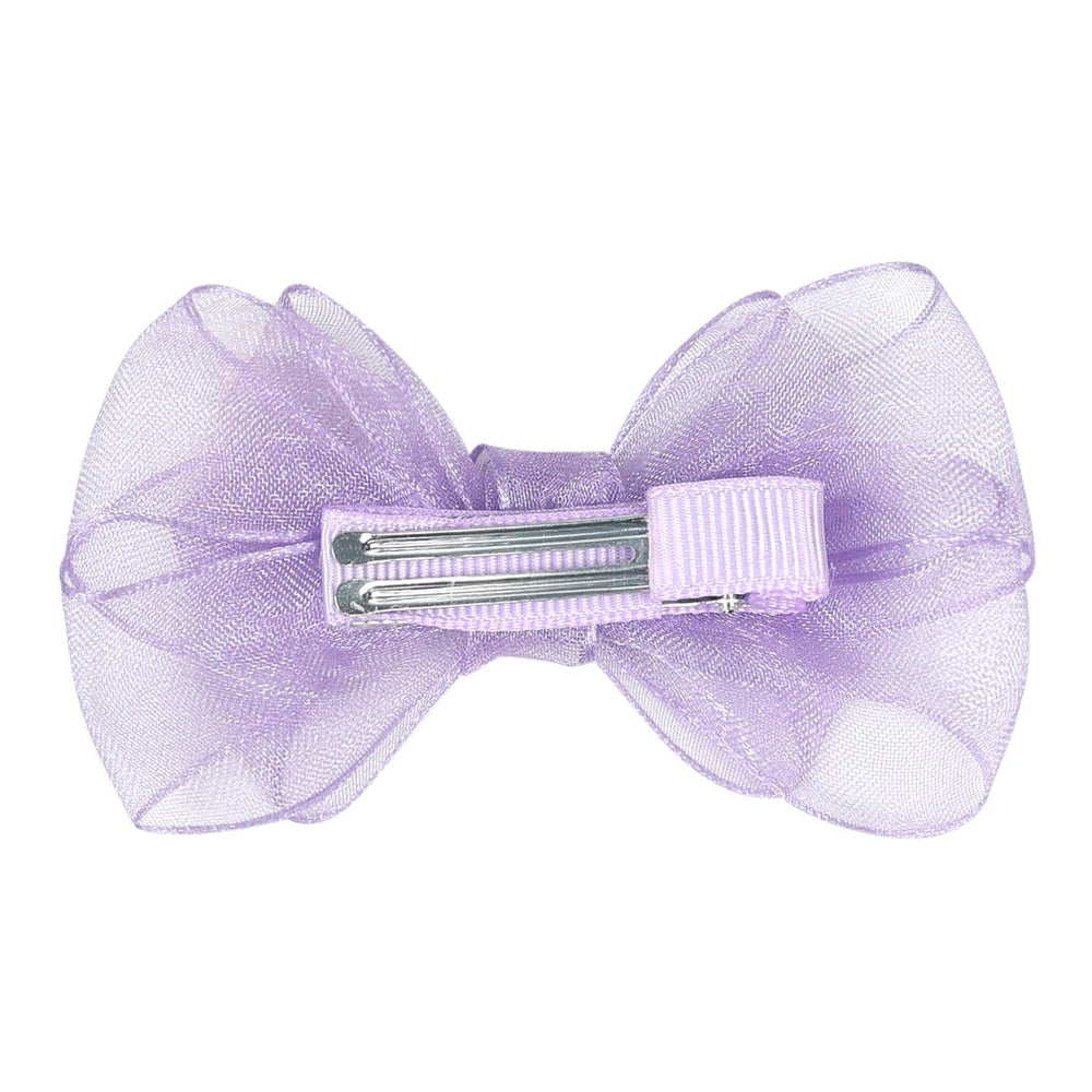 Amybasic 3.5-inch purple organza bow highlighting secure, satin-wrapped clip.