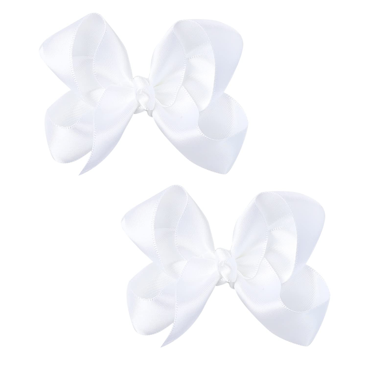 AMYDECOR 3-inch satin bow white pair close-up shows silky texture and secure clips