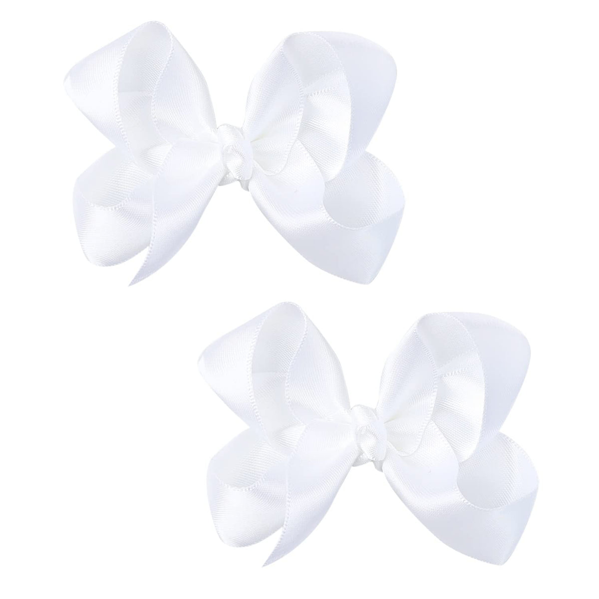 AMYDECOR 3-inch satin bow white pair close-up shows silky texture and secure clips