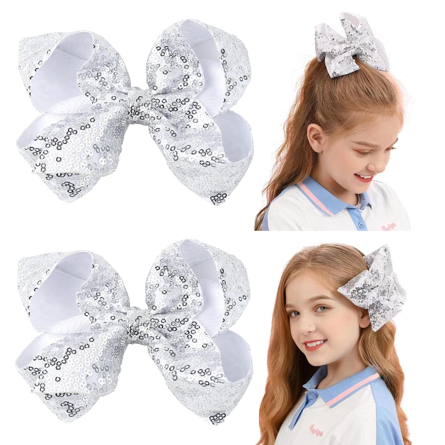 AMYDECOR 6inch silver glitter sequin hair bow with alligator clip for secure party-ready styling.