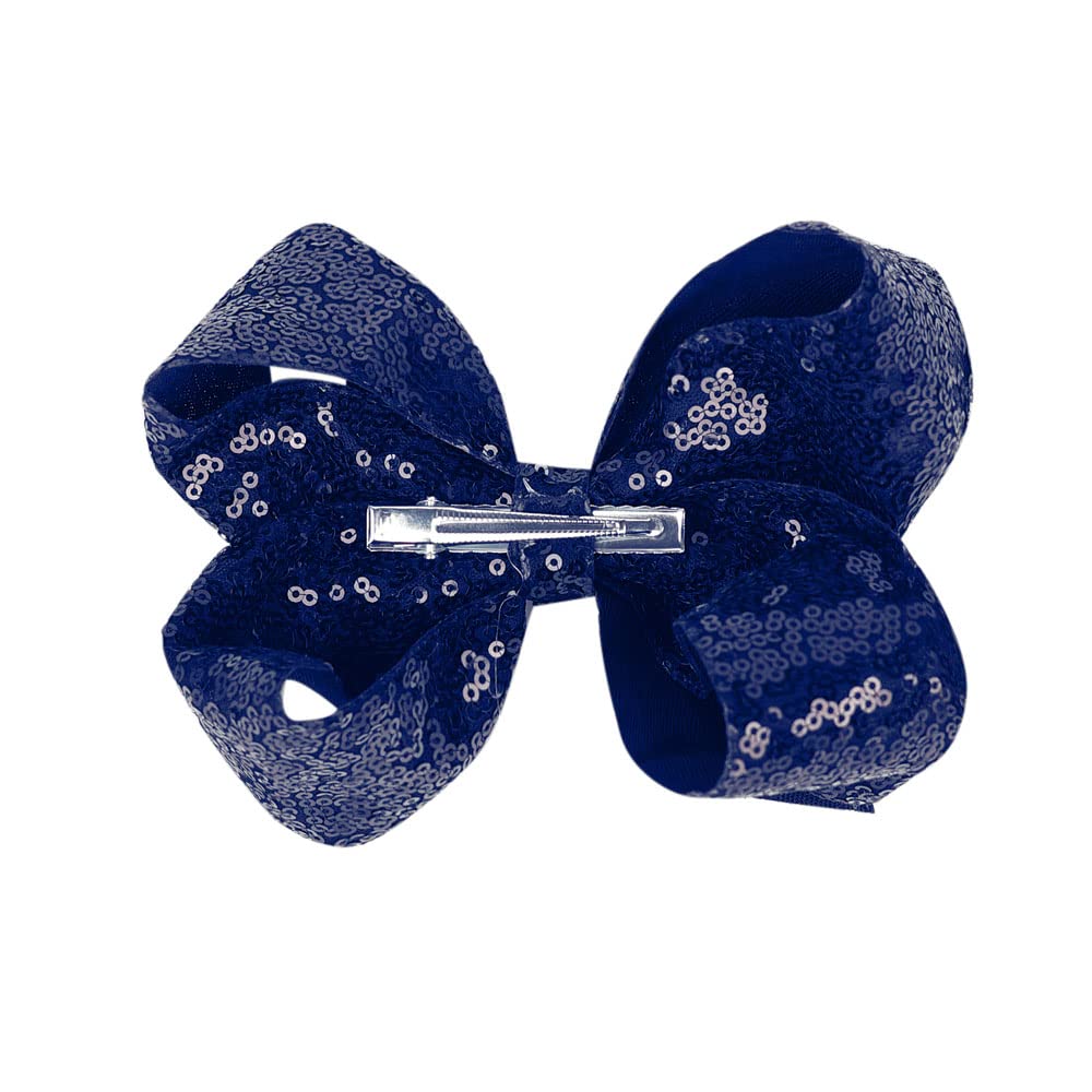 AMYDECOR navy blue sequin bow worn with outfits for festive styling