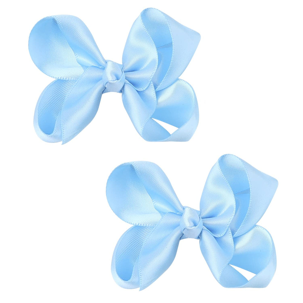 AMYDECOR satin bow sky blue closeup highlighting silky texture and color-rich finish.