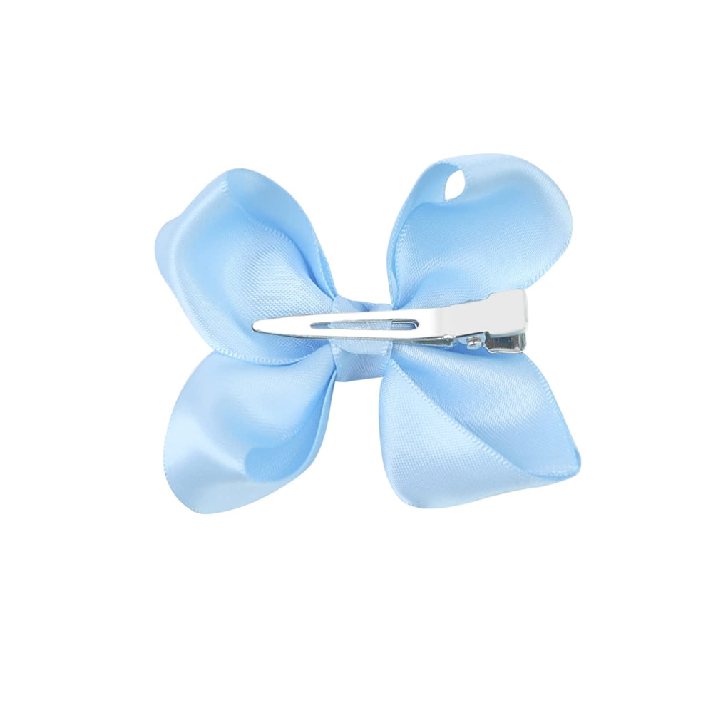 AMYDECOR sky blue satin bows on dress illustrate cute hair accessory option.