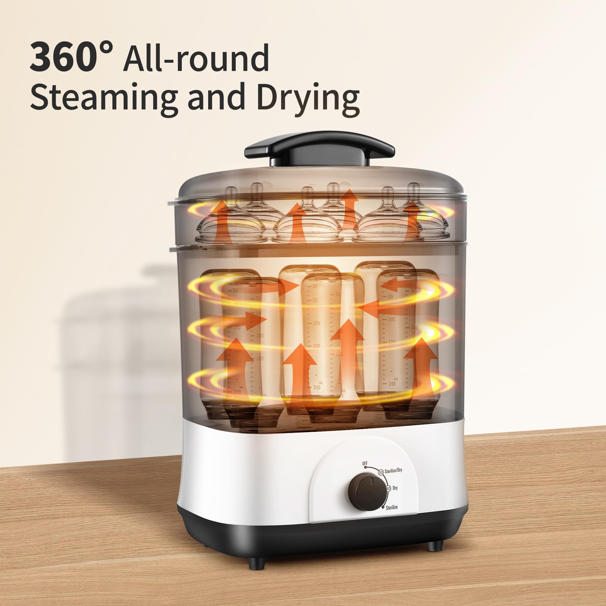 AMZBABYCHEF 3-in-1 design shown for steam, dry, and storage convenience.