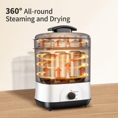 AMZBABYCHEF 3-in-1 design shown for steam, dry, and storage convenience.