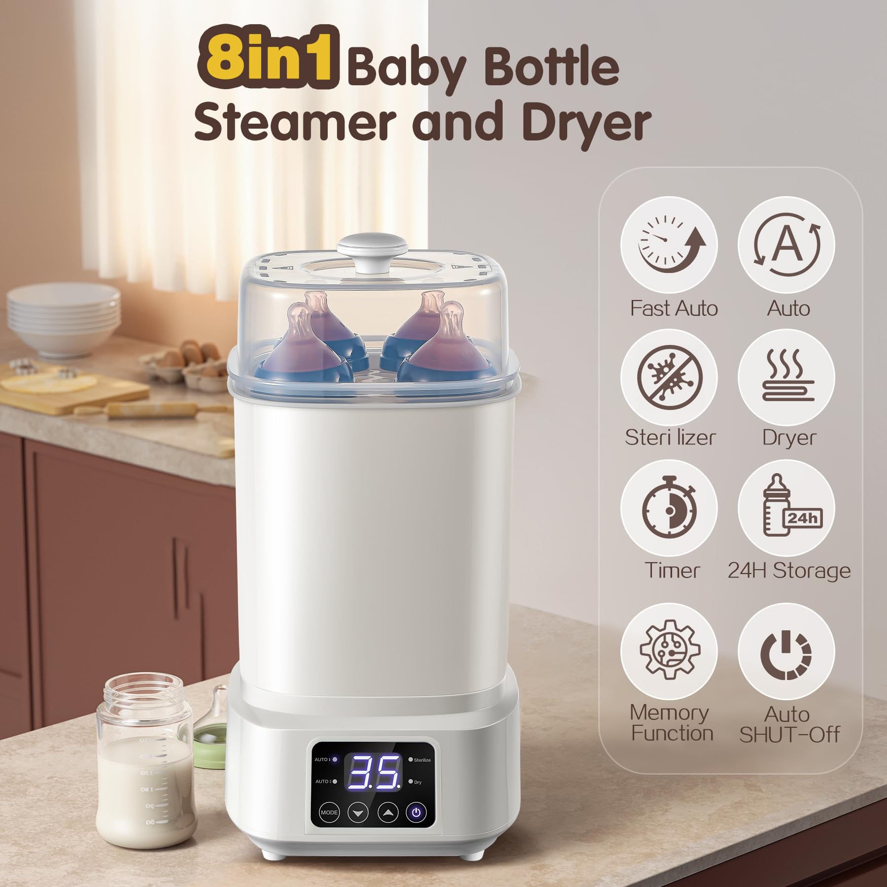 AMZBABYCHEF 8in1-steamer-dryer-functionality demonstrates all-in-one prep for bottles and accessories.