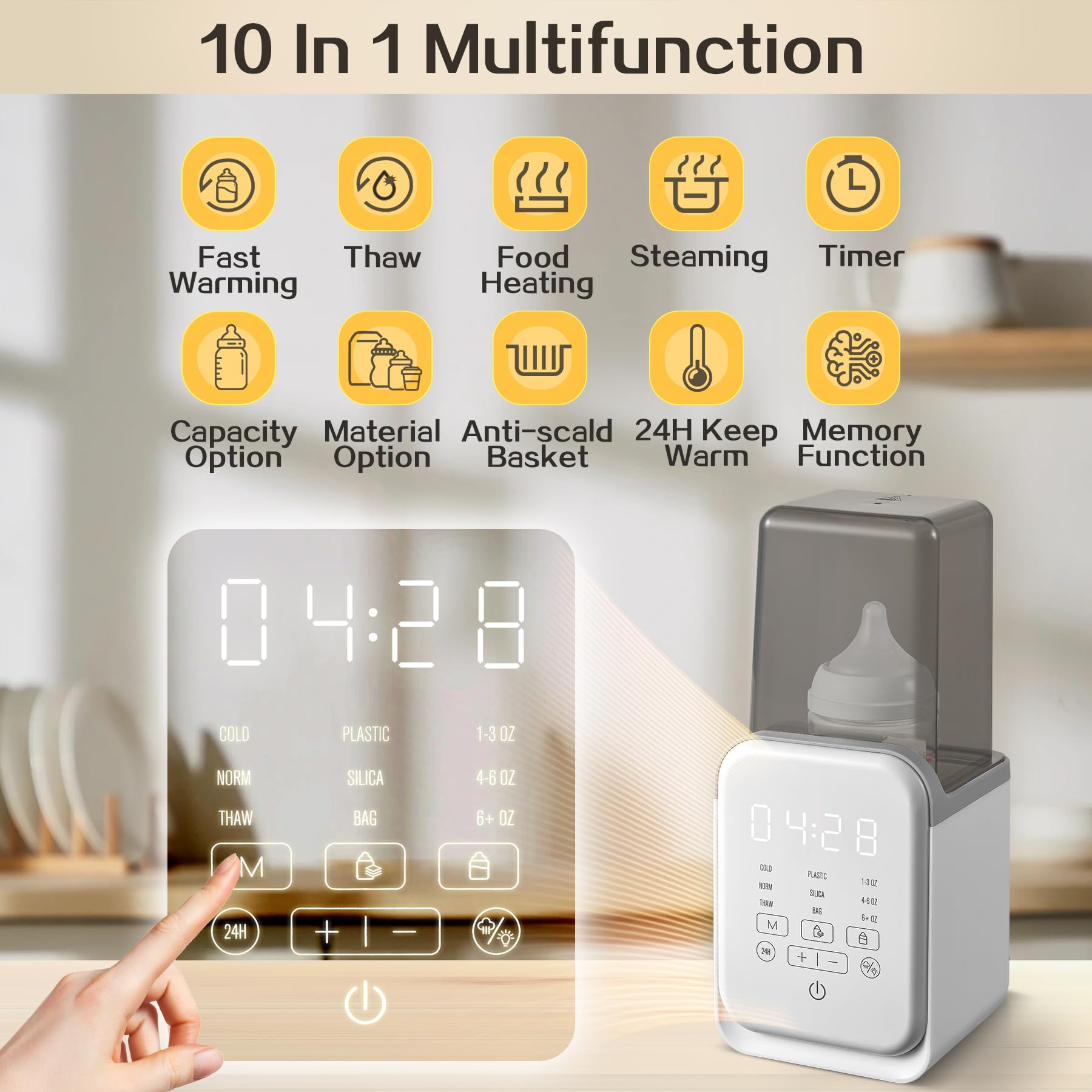AMZBABYCHEF bottle warmer 10-in-1 multi-function highlighting defrost and keep-warm features.