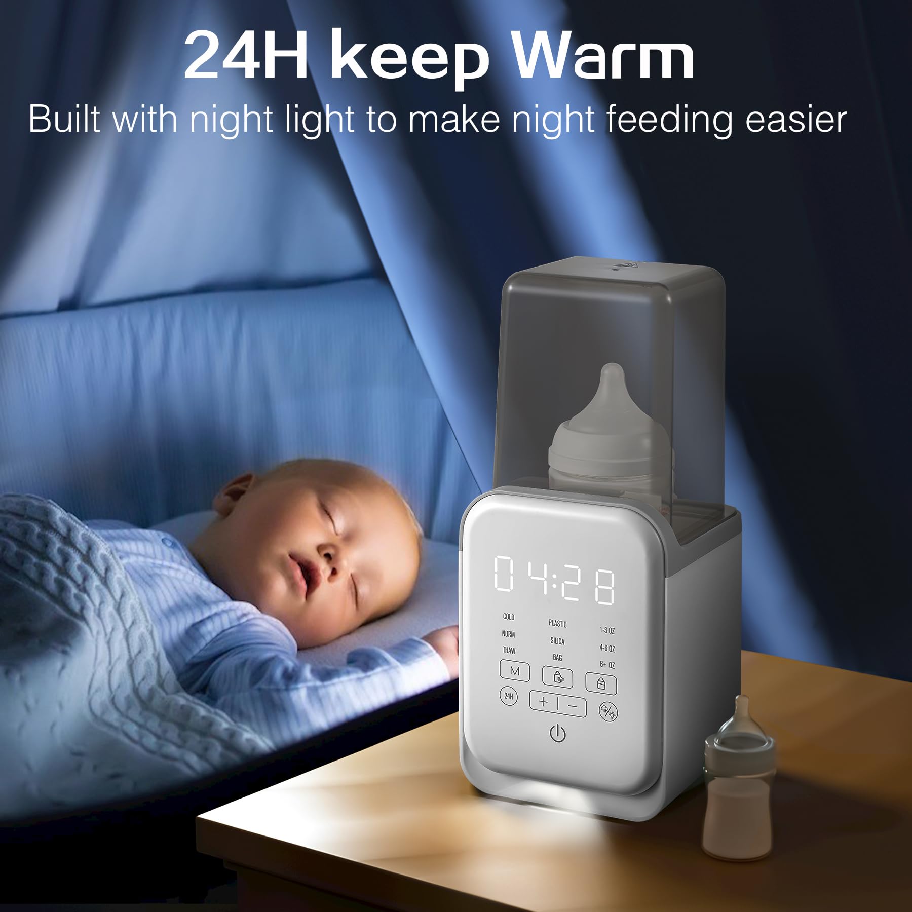AMZBABYCHEF bottle warmer keeps milk warm for 24 hours for night feeds.