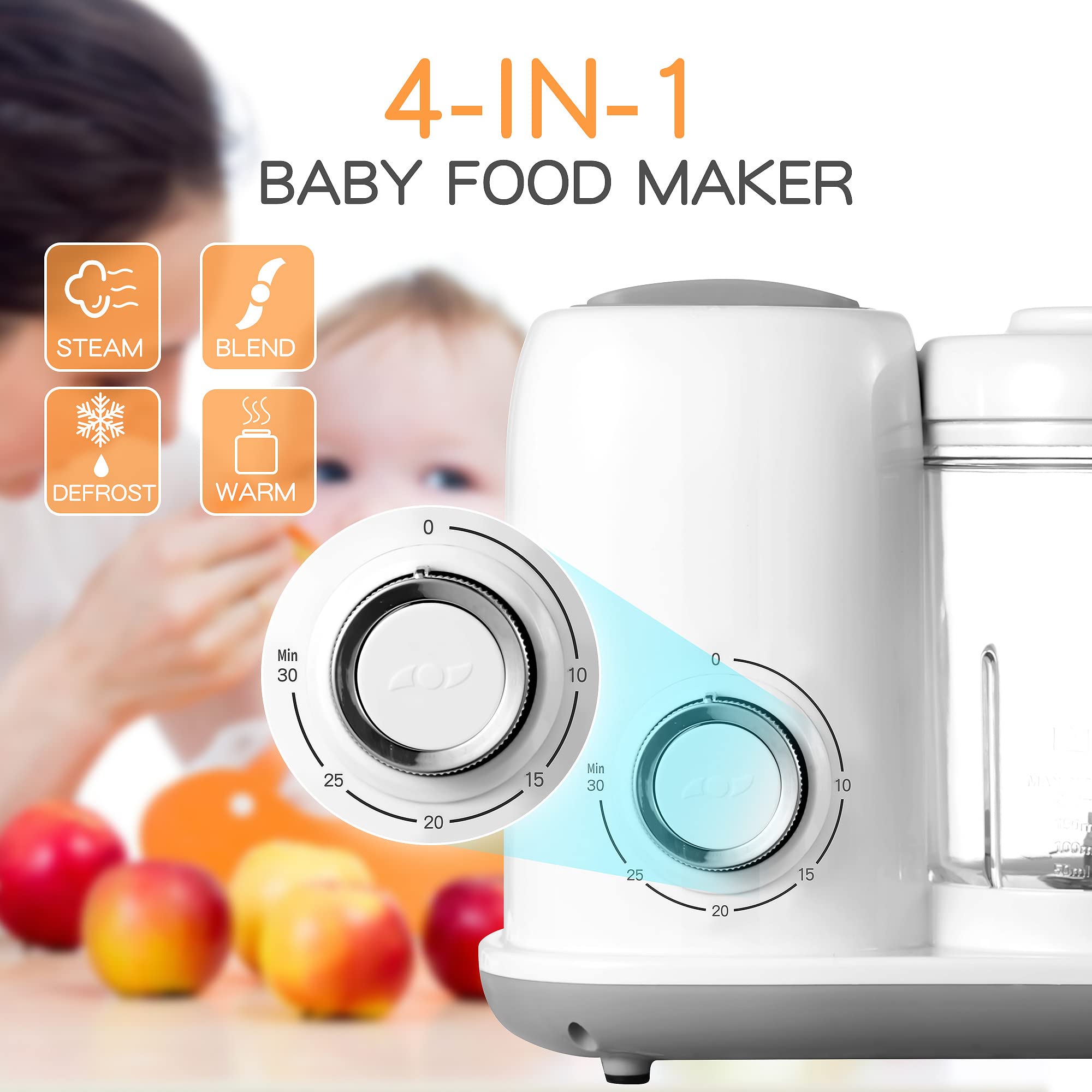 AMZBABYCHEF steaming function highlighting controlled cooking to preserve nutrients for baby meals.