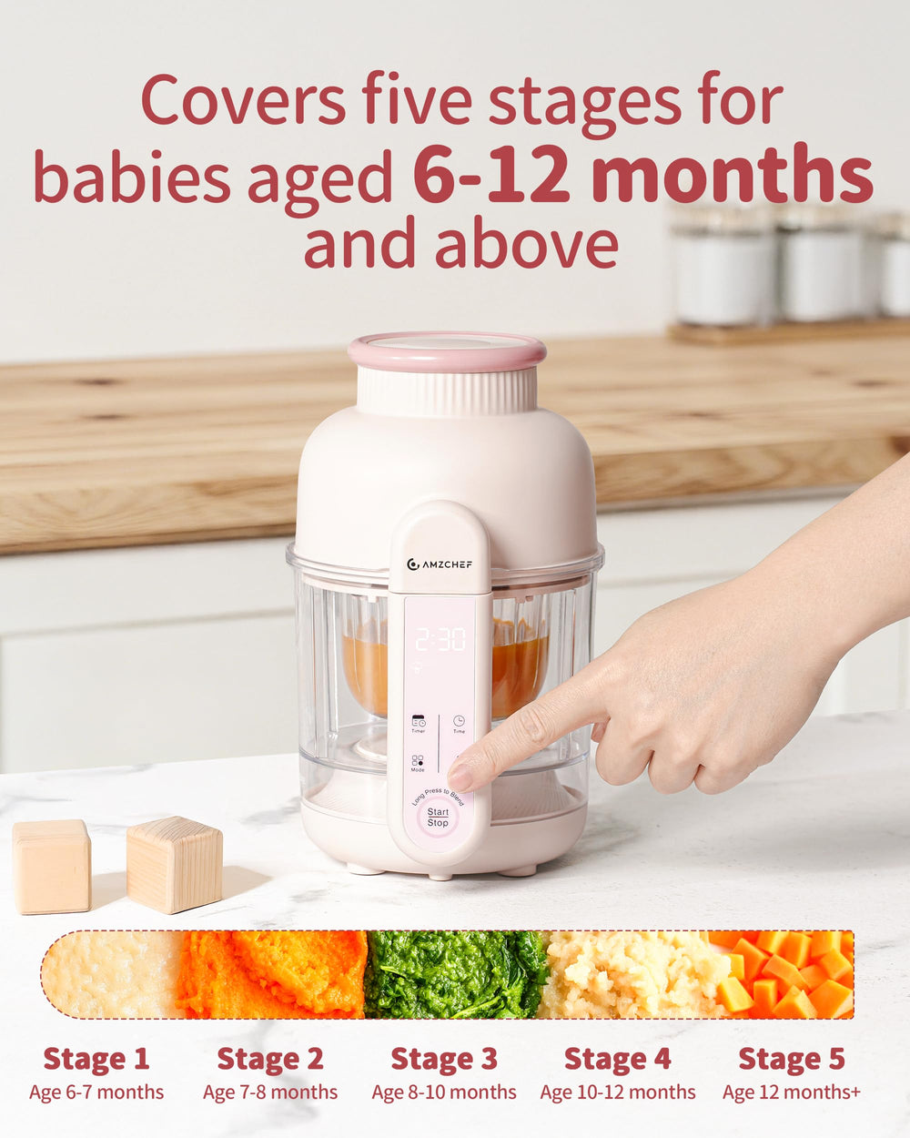 AMZCHEF baby food maker dishwasher-safe parts simplify cleanup.