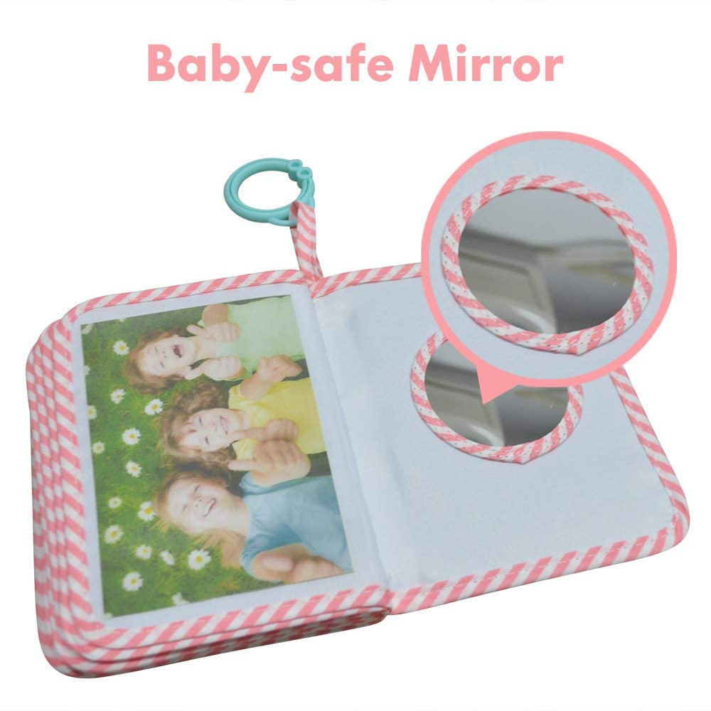 amzoya Baby's First Family Album safety mirror reinforces recognition with safe tactile moments