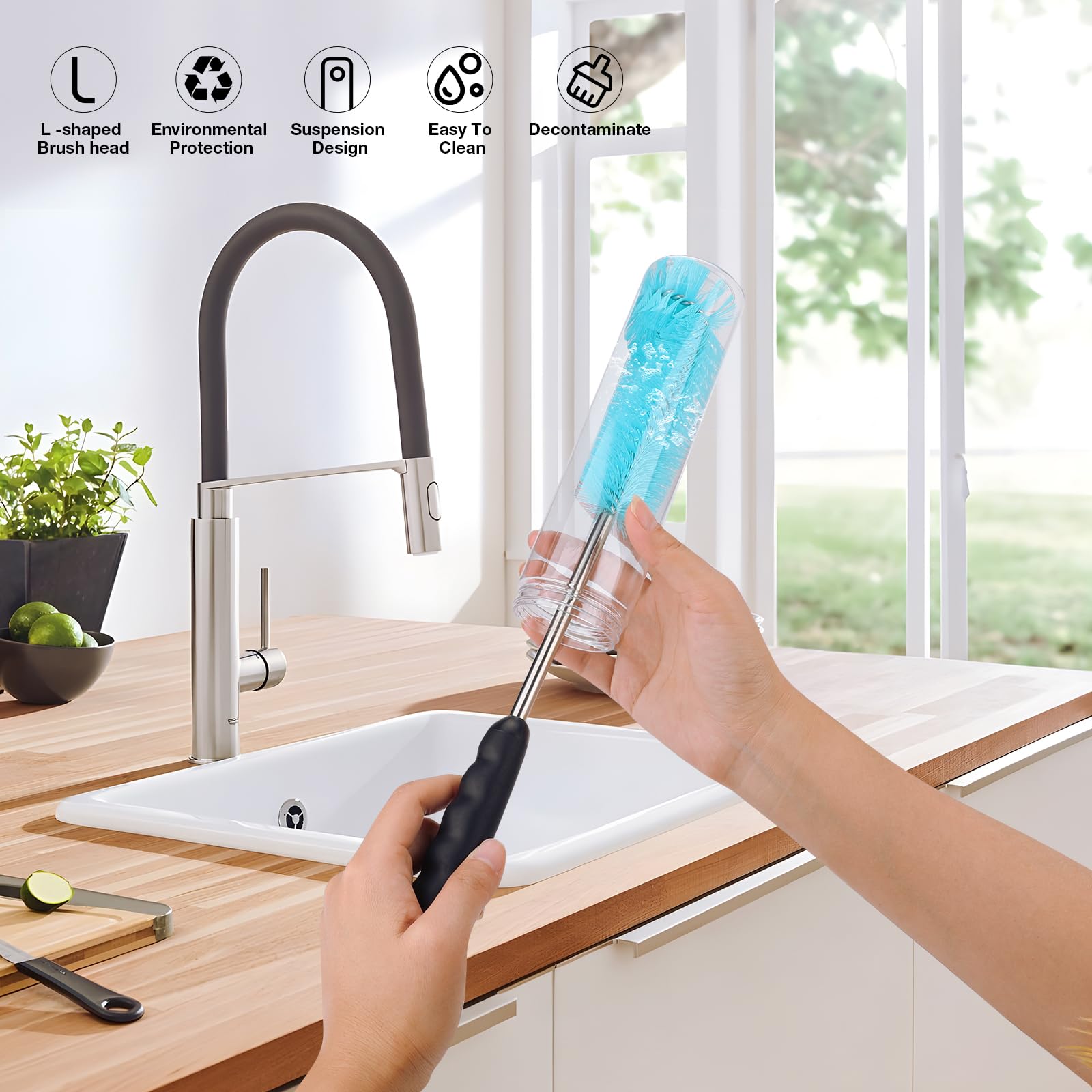 AnDock 6-pack narrow-neck cleaning brush fits tight mouths for deep clean.