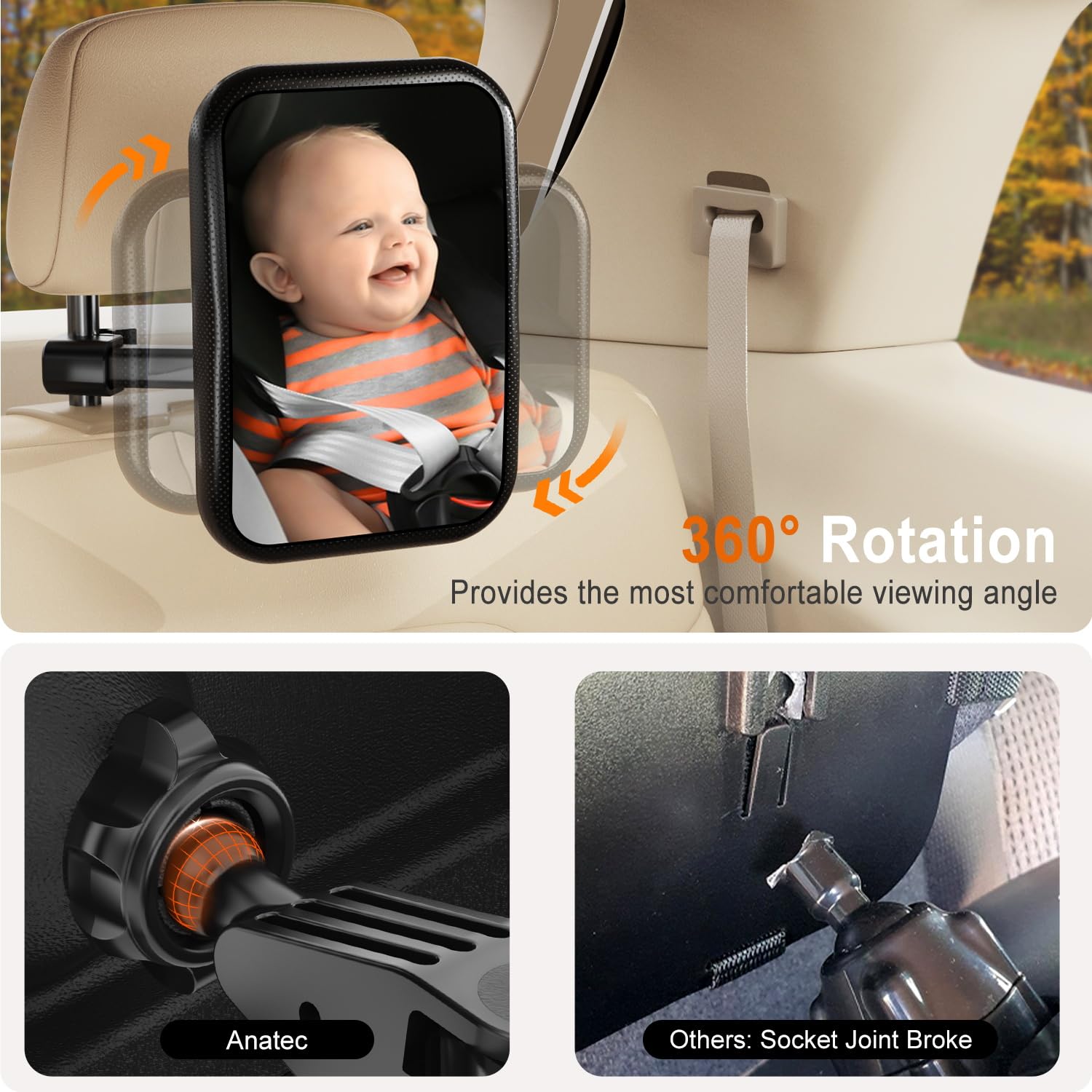 Anatec Baby Car Mirror with shatterproof frame keeps you and baby safer on impact.