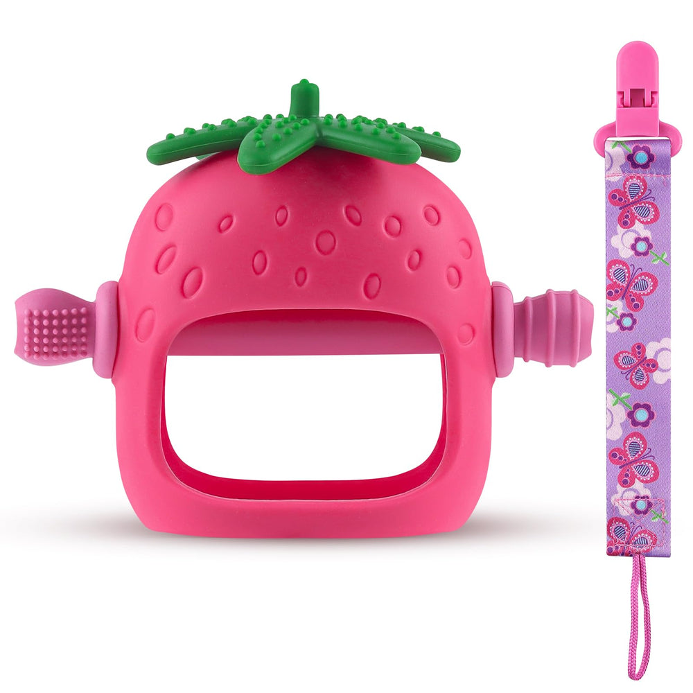 Anboor baby teether clip secures the toy on the go.
