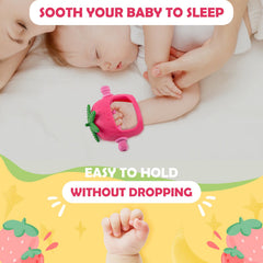 Anboor strawberry teether textured top for gentle gum relief.