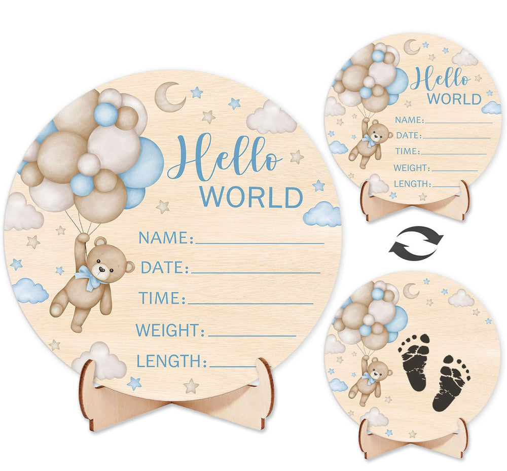 Andrain double-sided wooden newborn birth sign front view with Hello World bear for photos.