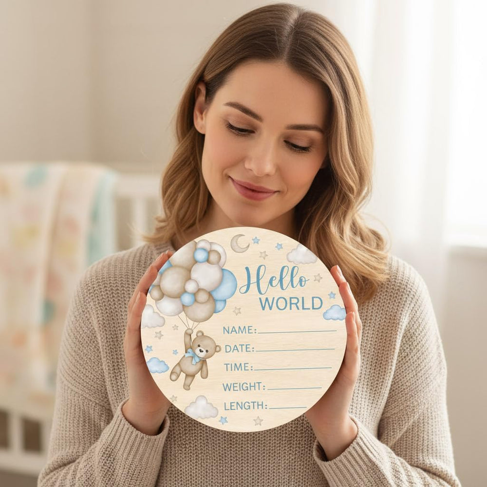 Andrain sign with wooden stand set on shelf or crib.